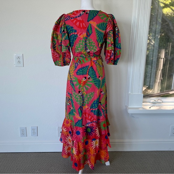 NWT - FARM Rio Coral Mixed Graphic Macaws Puff Sleeve Midi Dress / Size S - Picture 13 of 15
